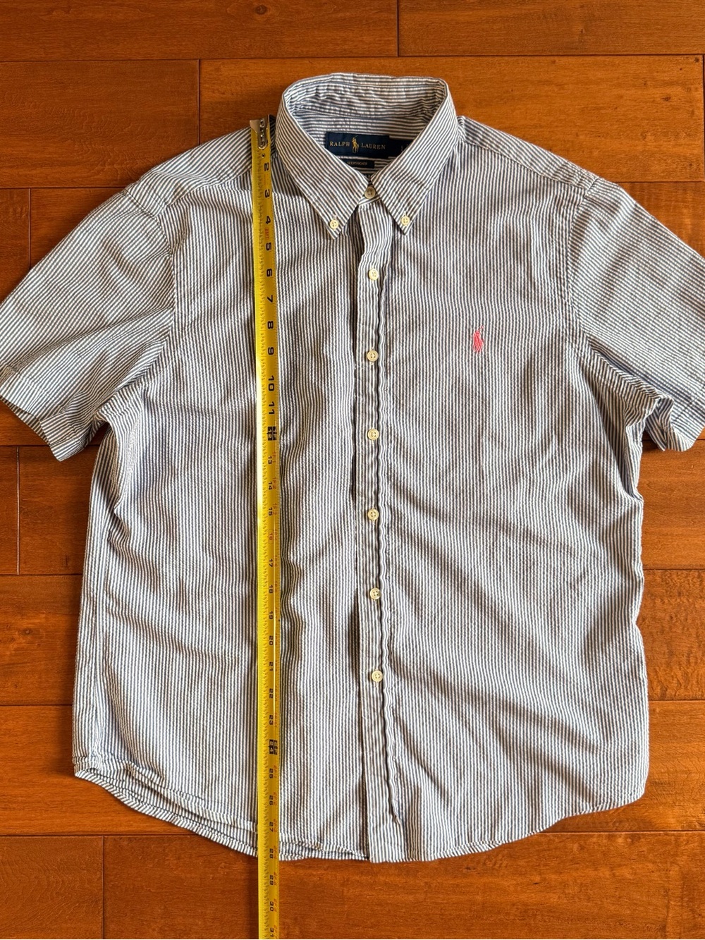 Ralph Lauren Seersucker Blue White Stripe SS Button-Down Pink Horse Shirt - L - Picture 10 of 11